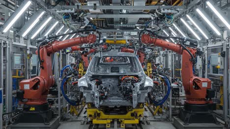 innovative automotive manufacturing line featuring advanced robotics for vehicle assembly in a high-tech industrial environment