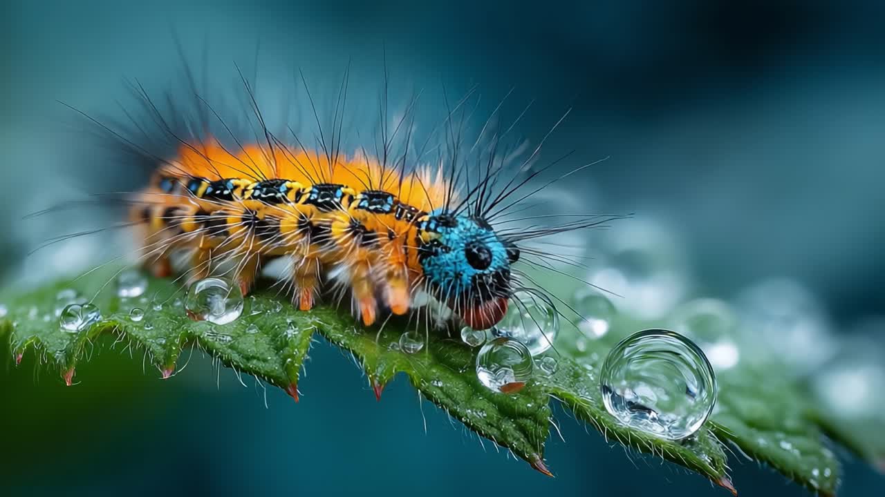 A Glimpse of Nature's Marvel: A Colorful Caterpillar with Unique Features Resting on a Leaf Surrounded by Dew Drops, Capturing the Beauty of Its Habitat