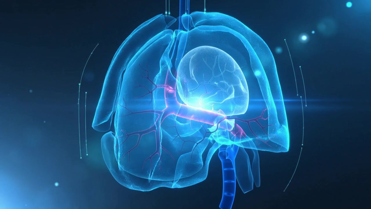 Modello 3D di polmoni che ruota al caricamento, mostrando bronchi pulsanti color magenta per una visualizzazione diagnostica, con HUD