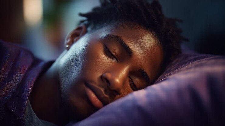 Un momento di calma e tranquillità: un giovane dorme profondamente su un soffice cuscino, circondato da una luce ambientale che esalta la serenità della scena