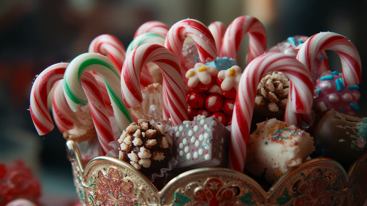 Refocusing ornate metal bowl holding candy canes and truffle bites on tabletop, showing textures