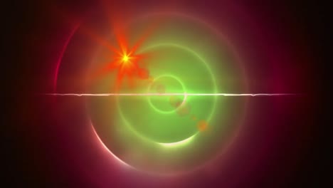 mancha roja de luz y rastros de luz contra rastros de luz en espiral verde sobre fondo rosa