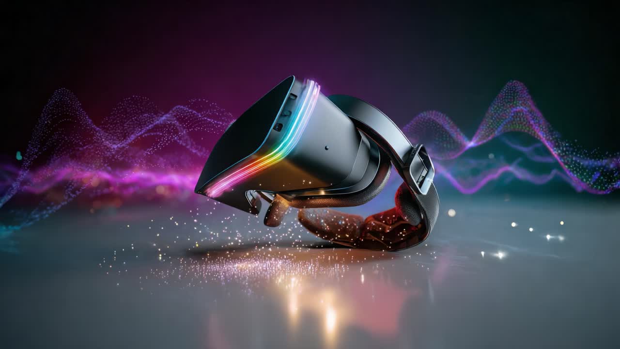 Modern VR headset with glowing neon lights rests on a reflective surface, representing augmented reality, gaming, and innovative technology against a background of colorful data waves