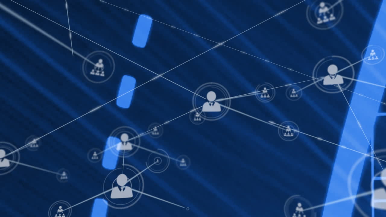 animación de redes de conexiones con iconos sobre fondo azul