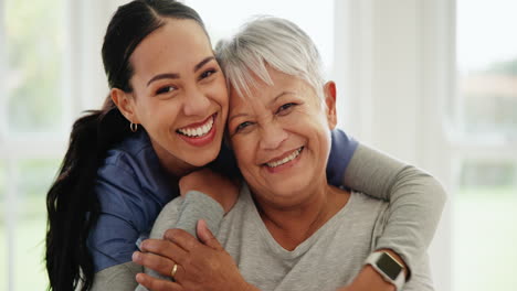 senior care, nurse and hug with smile for support