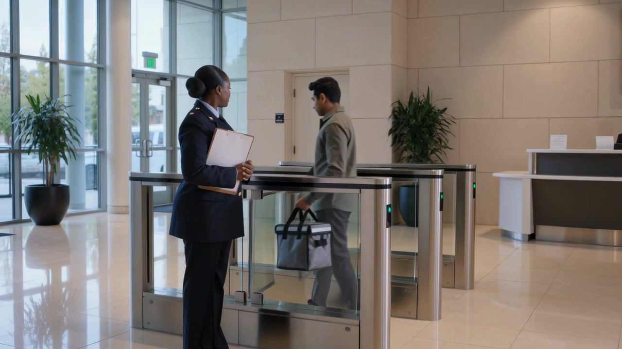 En vagt i uniform bemærker en besøgende med taske og dirigerer vedkommende gennem tælleapparaterne til et skrivebord med en clipboard.