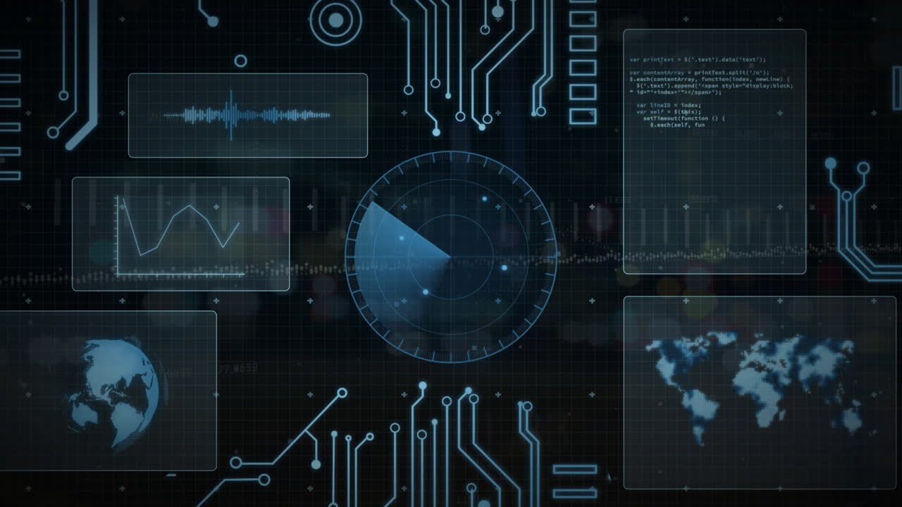 Animation of scope scanning and data processing on black background