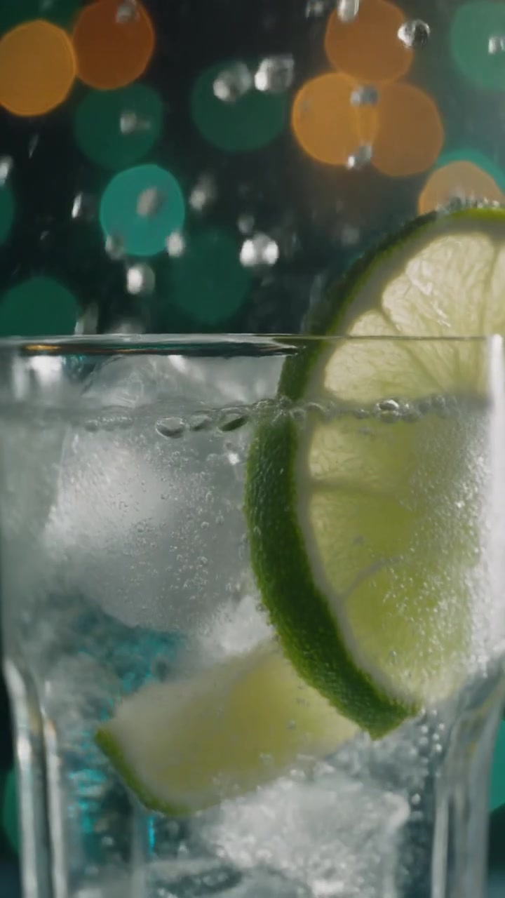 Bevanda gassata rinfrescante con lime e ghiaccio in un bicchiere