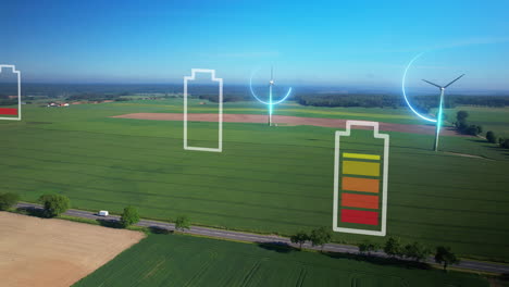 Molinos-De-Viento-De-Parques-Eólicos-Animación-De-Energía-Verde-Con-Elementos-Gráficos-De-Movimiento-Batería-Y-Seguimiento-De-Turbina---Antena