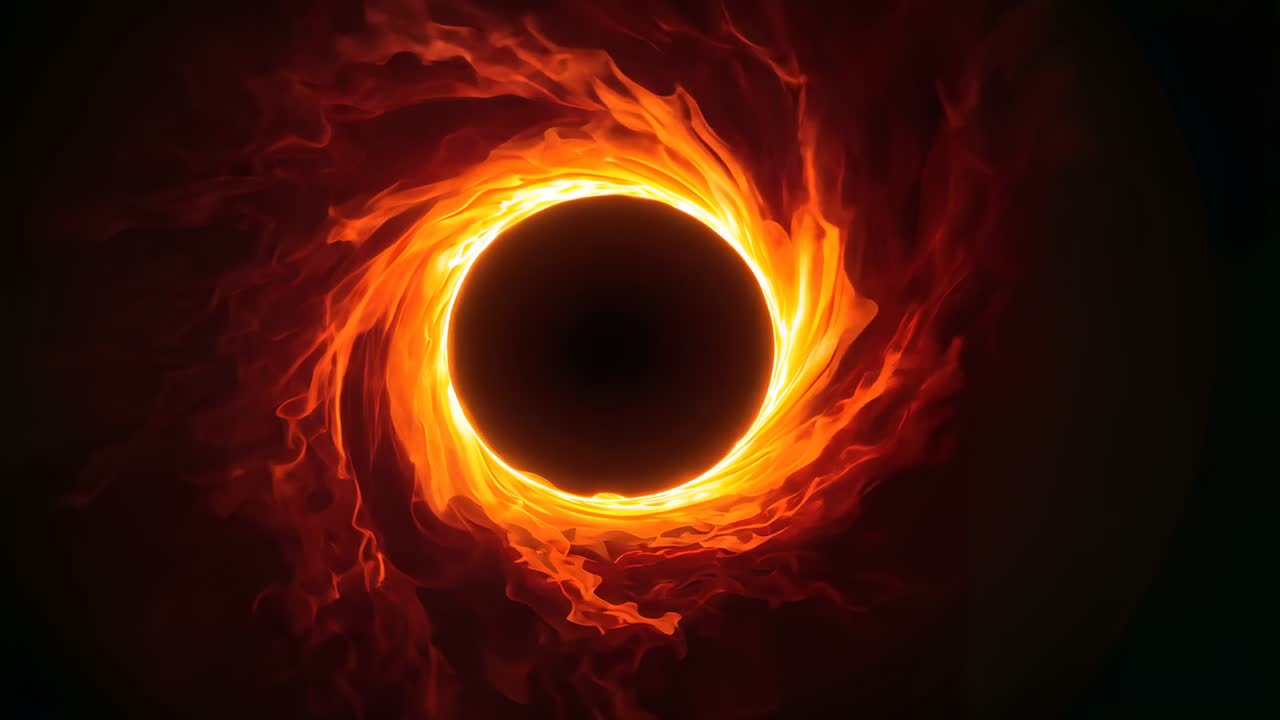 Starting dark circular void emitting molten plasma wisps in deep space, forming rotating fiery disc