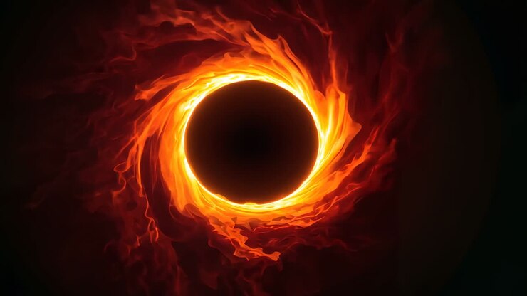 Starting dark circular void emitting molten plasma wisps in deep space, forming rotating fiery disc