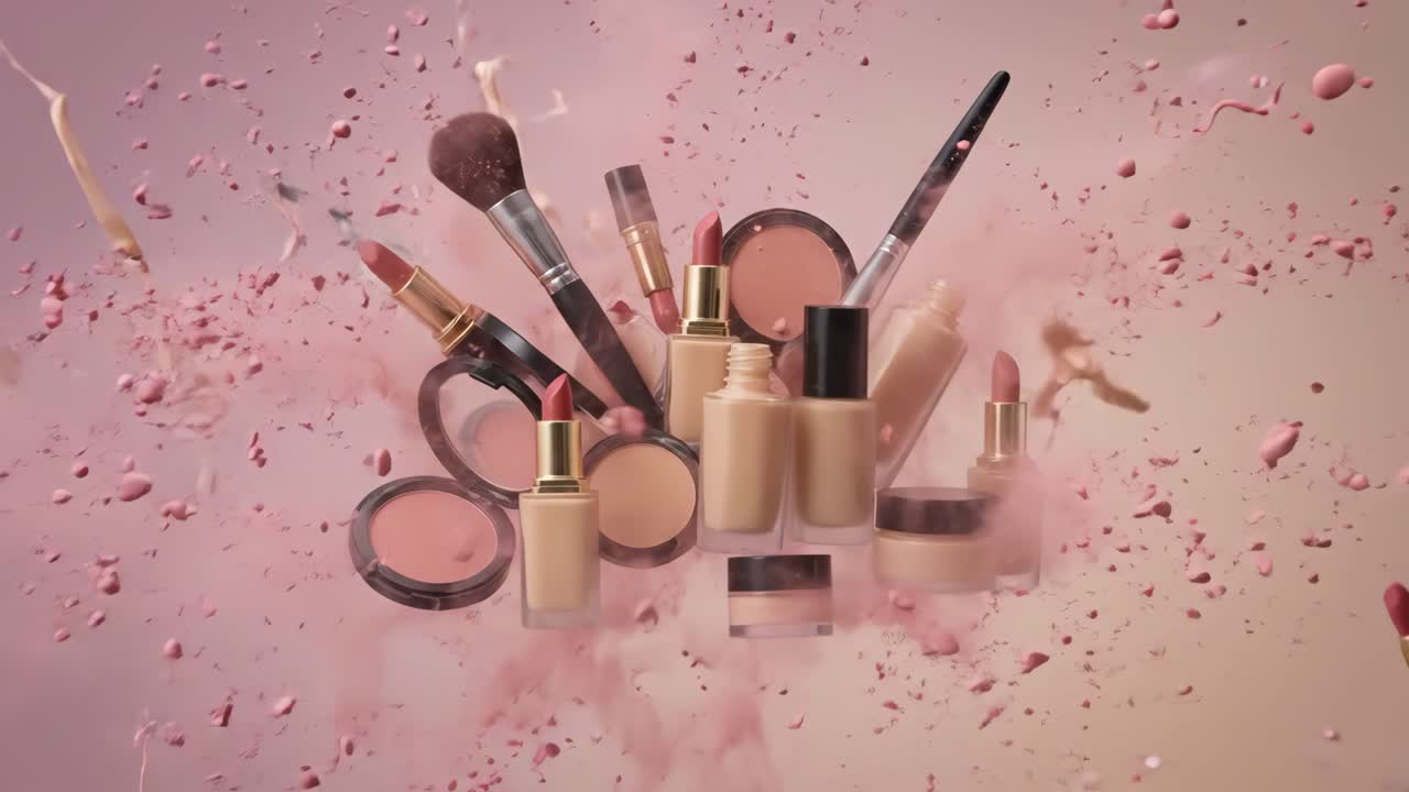 Prodotti make-up che esplodono con schizzi di polvere e liquido