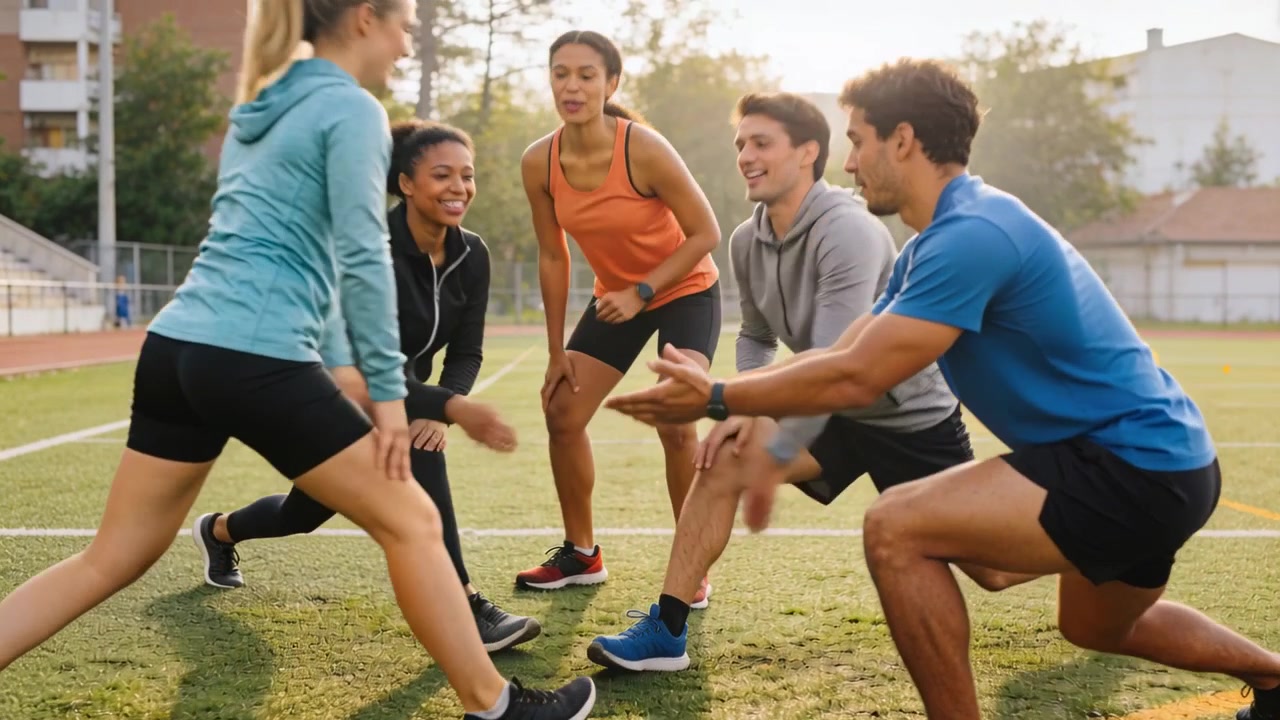 Cinque amici che fanno stretching dopo l'incontro, si riscaldano sull'erba sintetica, indossano scarpe da corsa prima della corsa.