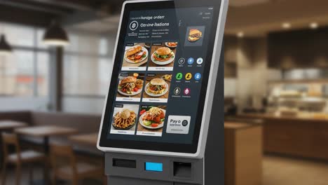 self-service kiosk for food ordering: featuring a user-friendly touchscreen interface with menu options and payment functionality for efficient dining experience