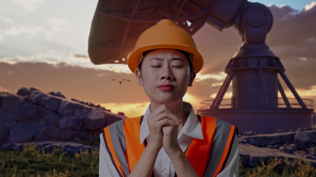 Close Up Of Asian Female Engineer With Safety Helmet Pray For Something While Standing With Large Satellite Dish