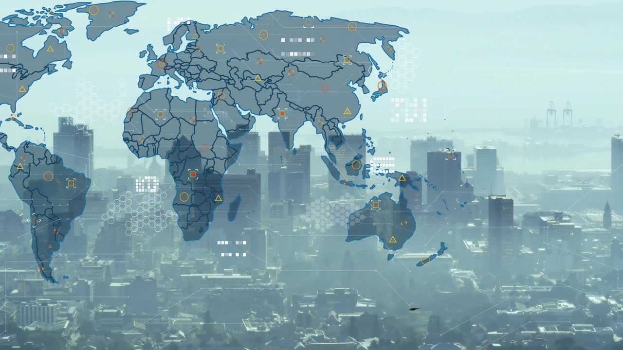 하늘을 배경으로 현대 도시 위의 회로판 패턴과 기하학적 모양의 애니메이션