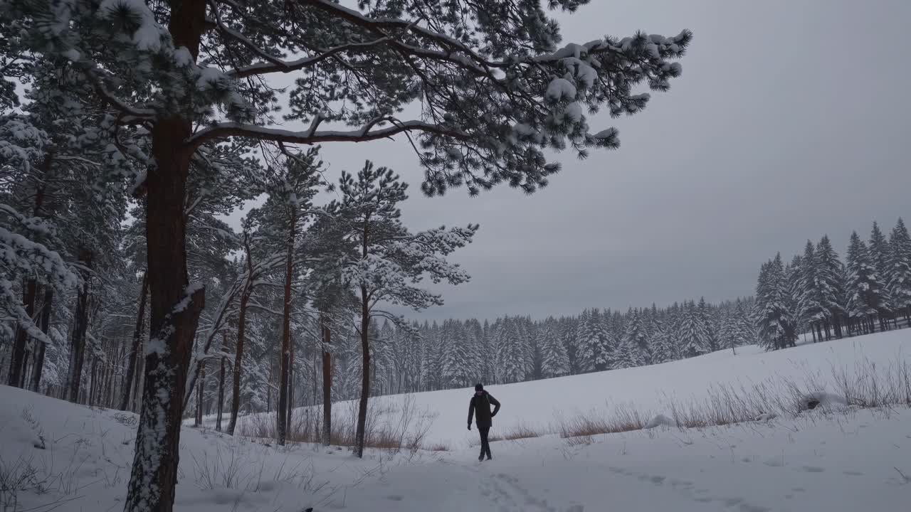 A wide-angle video captures a solitary figure in a snowy forest landscape, emphasizing the vastness