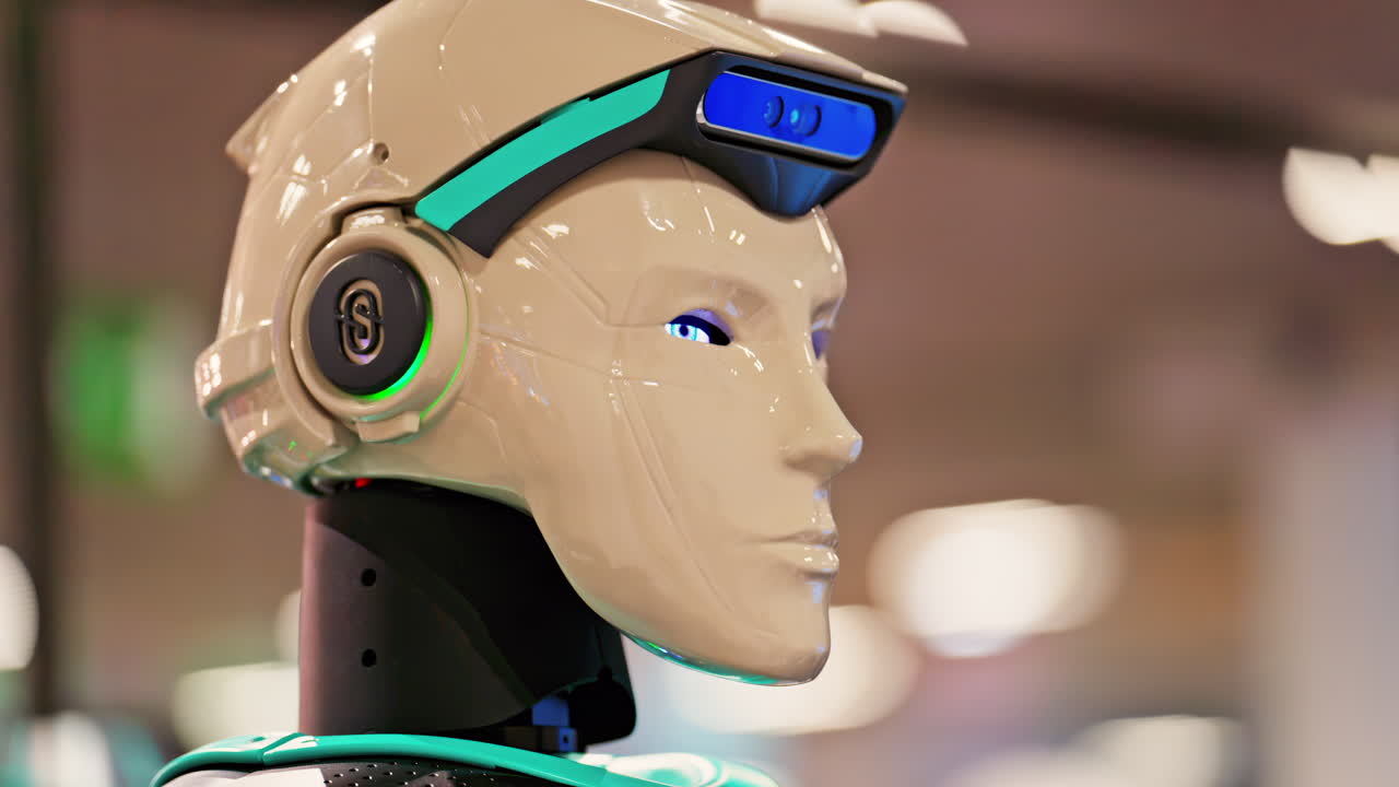 Cannes, France - February 15, 2025: Humanoid robot with a sleek black and white body, and glowing blue eyes, standing at conference