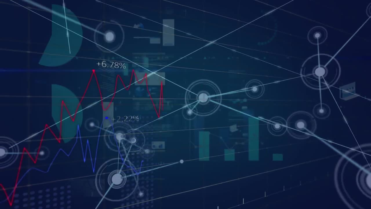 Animation of network of connections over data processing against blue background