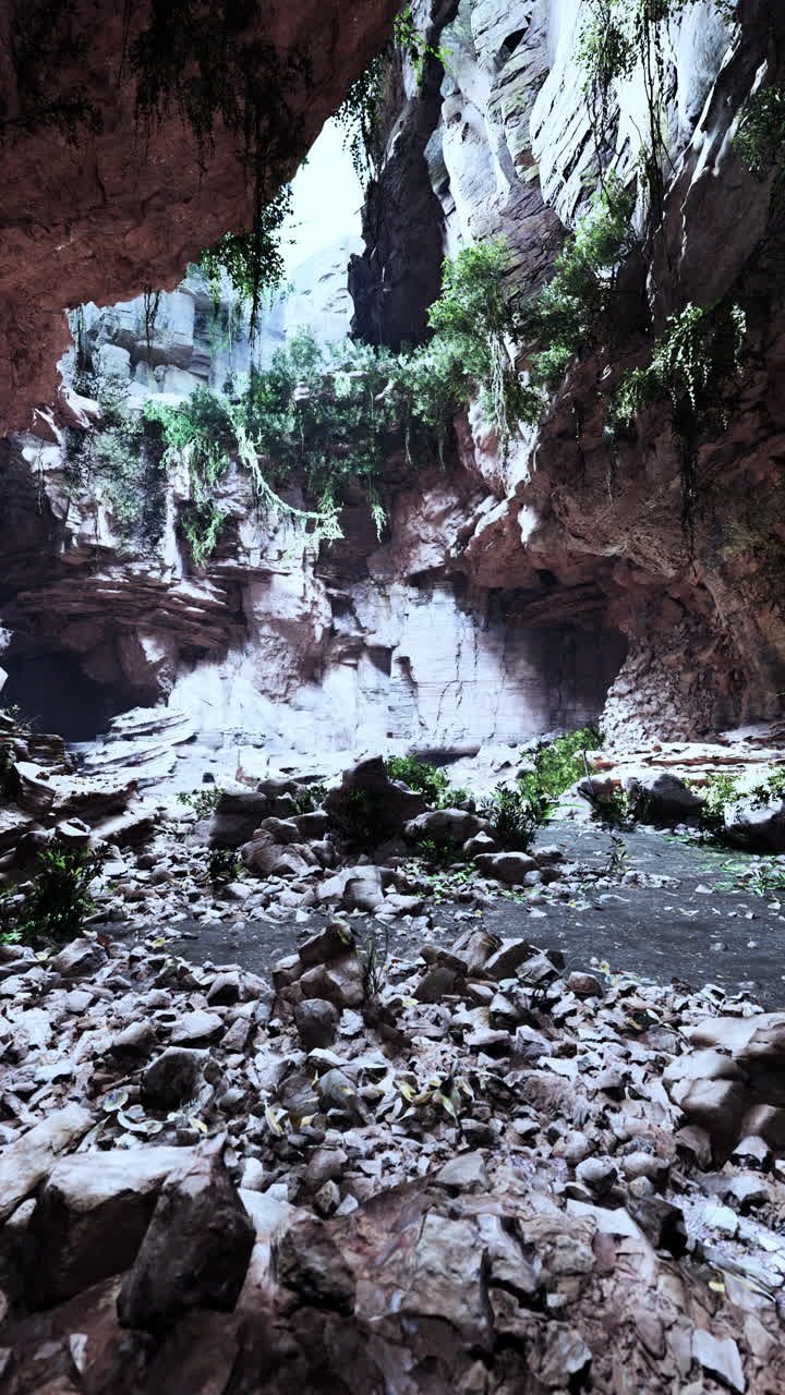 una vista de una cueva rocosa, cubierta de vides y follaje