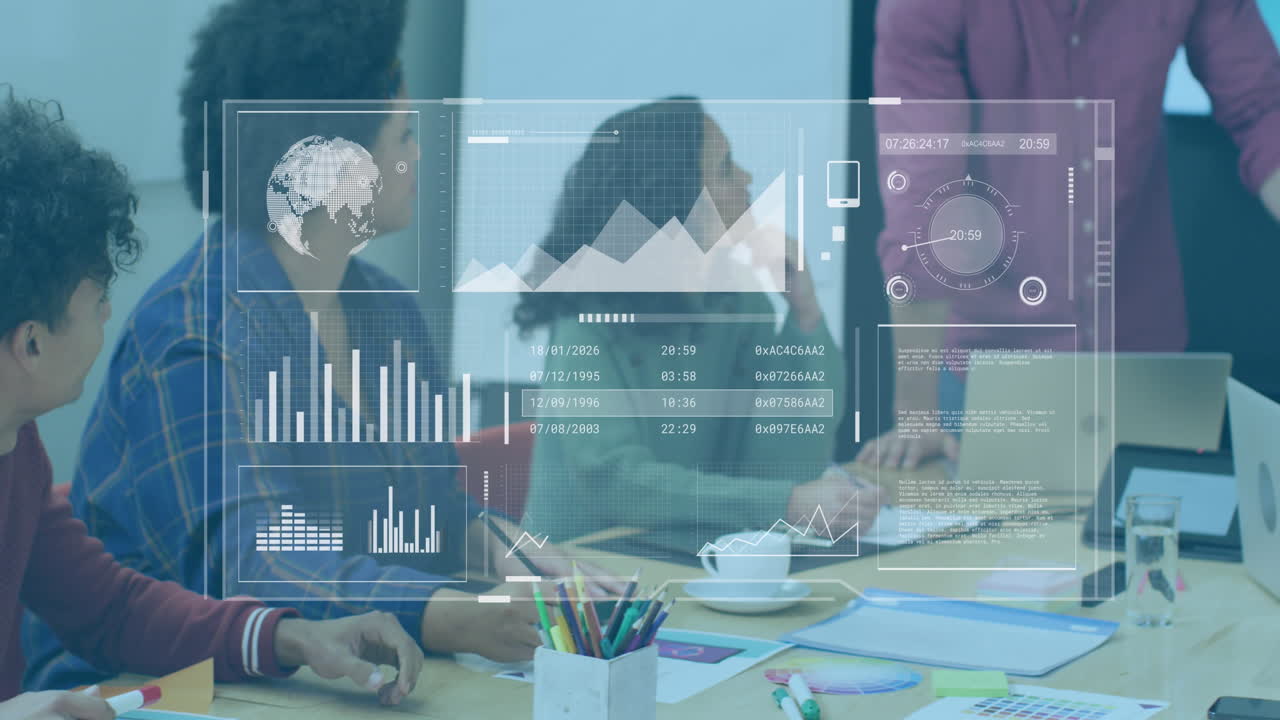 Animation of graphs, globe, loading bars over diverse manager explaining strategy to coworkers