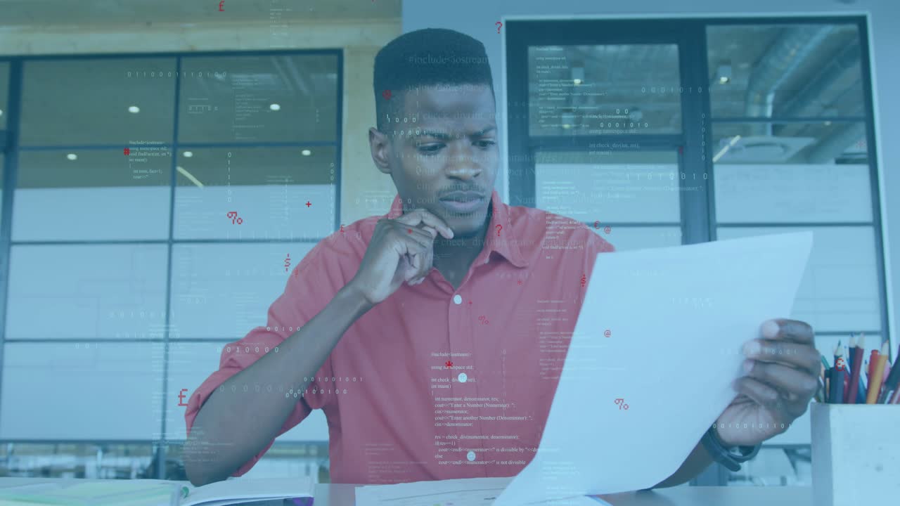 Office professional picking sheet and studying data while holographic code overlays intensifying