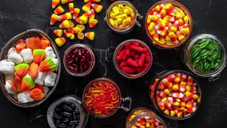 assorted halloween candy jars with candy corn and gummies