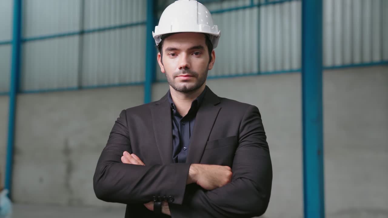 retrato de un gerente de fábrica confiado con traje y casco de seguridad