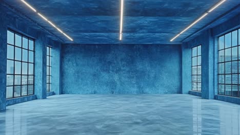 a large empty room with blue walls and windows