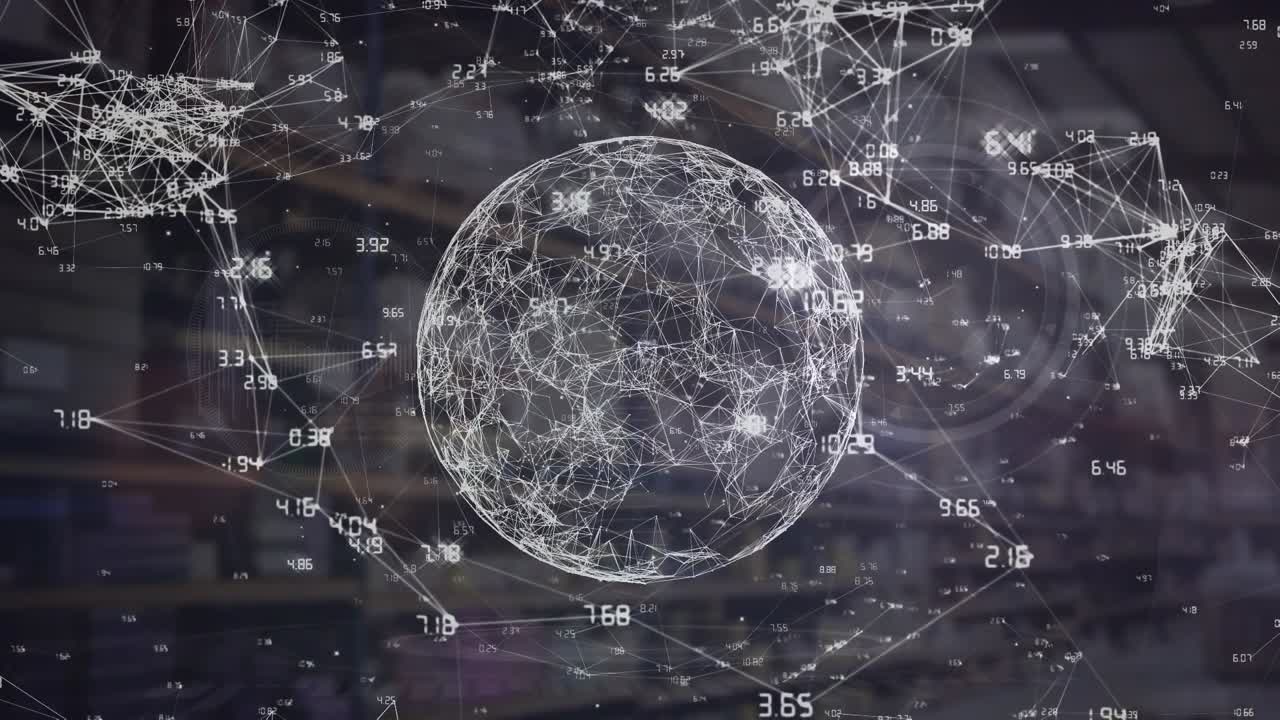 Animation of network of connections and globe over warehouse