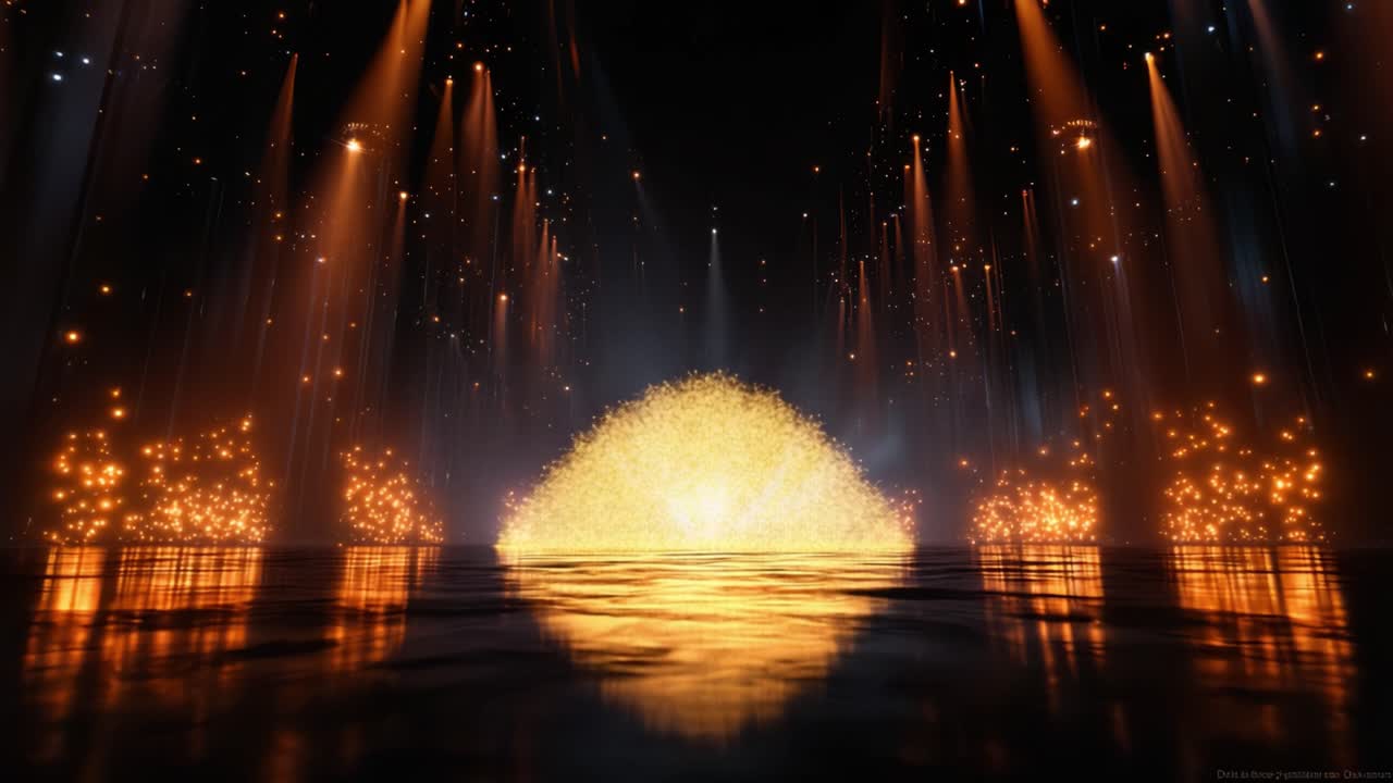 Bezauberndes Schauspiel aus Licht und Funken in einem dunklen Raum, beleuchtet von strahlenden Lichtstrahlen und glitzernden Partikeln über einer spiegelnden Flüssigkeitsoberfläche
