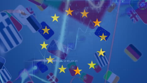 animation of spinning stars on eu flag and data processing over eu country flag miniatures falling