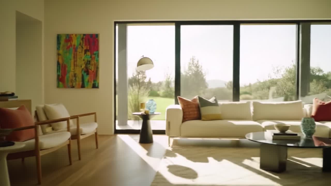 A Bright and Airy Modern Living Room Showcasing Stylish Furniture, Vibrant Artwork, and Lush Greenery, Perfect for Relaxation and Contemporary Aesthetics