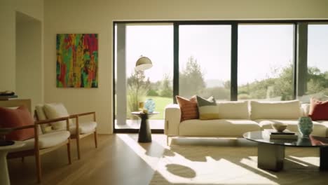 a bright and airy modern living room showcasing stylish furniture, vibrant artwork, and lush greenery, perfect for relaxation and contemporary aesthetics
