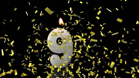animación de confeti de oro cayendo sobre el número 9 vela de cumpleaños encendida, sobre fondo negro