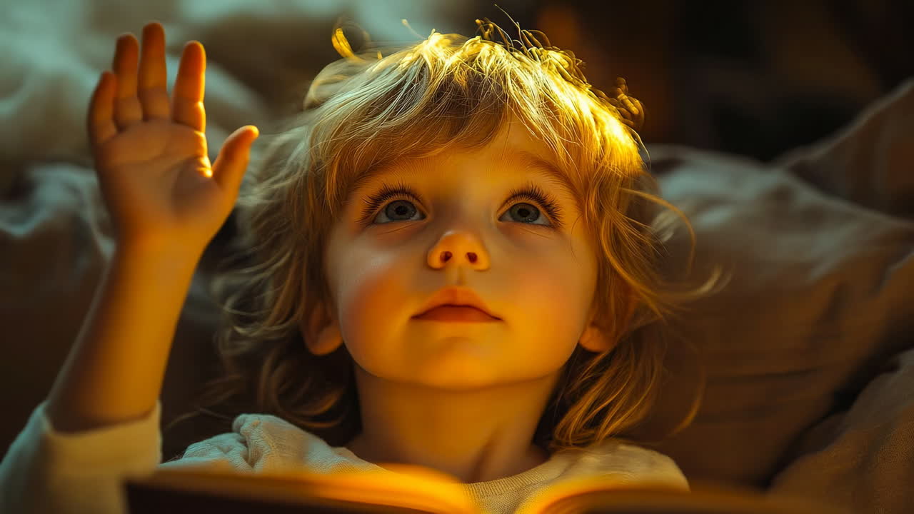 Happy child reading a book. A young child with light hair sits with a book, looking up with a smile and raising one hand
