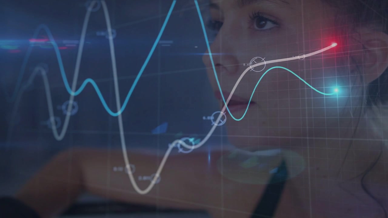 Female athlete following waveform updates in gym, hologram graphs marking vital dips for rest