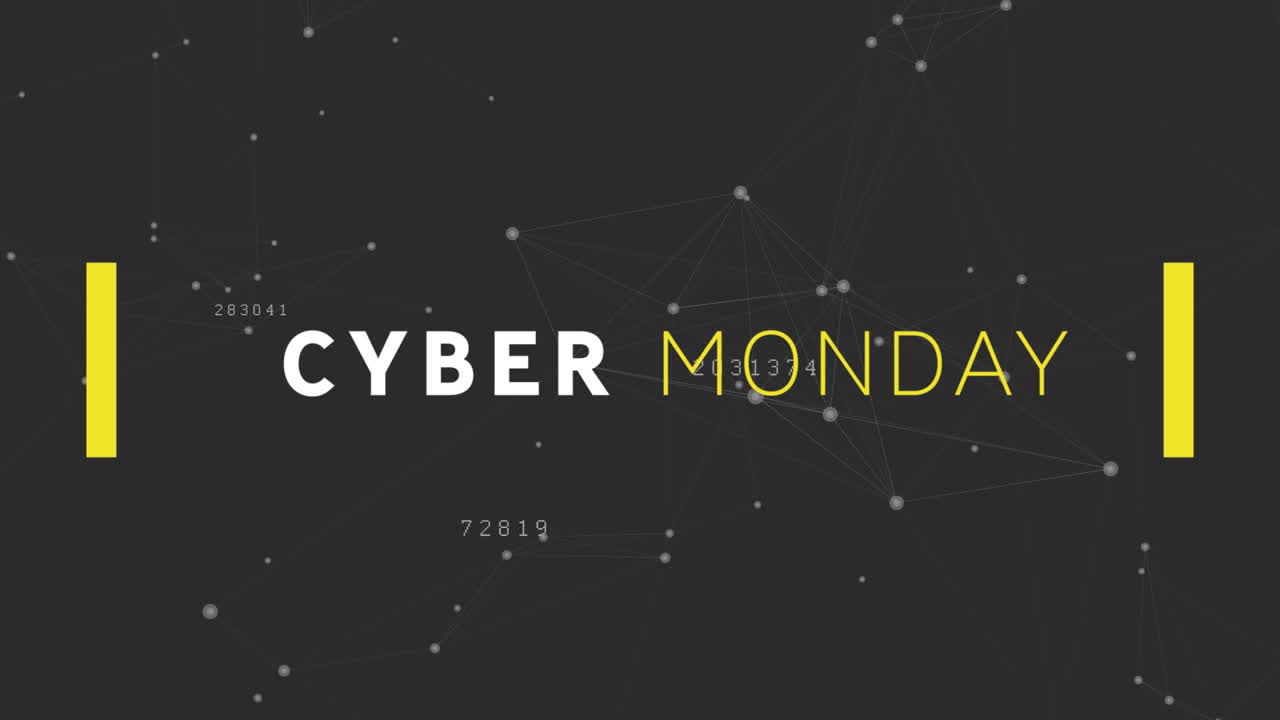 Animation af teksten "Cyber Monday Sale" over netværk af forbindelser.