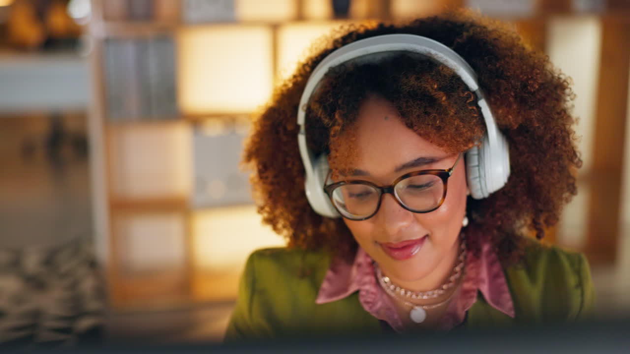 Worker, music or headphones in night office