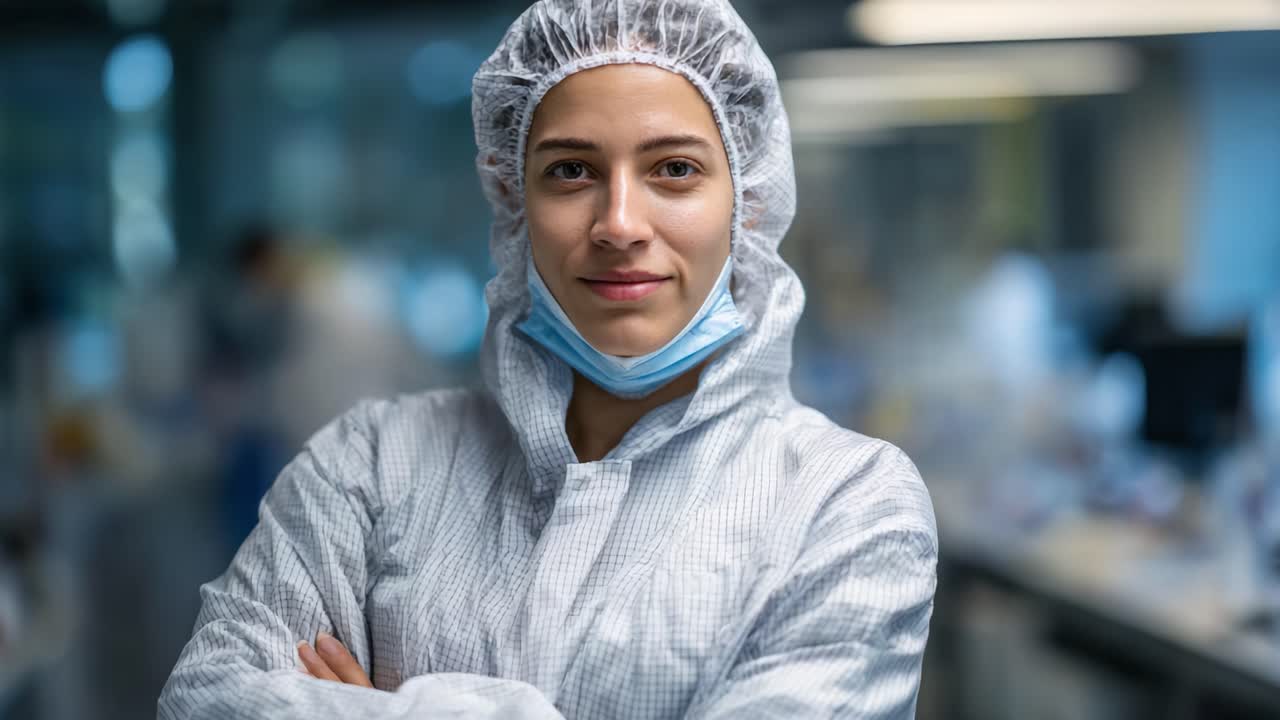 Profesional de laboratorio seguro de sí mismo con vestimenta de protección, que demuestra experiencia y preparación en un entorno científico centrado en la seguridad y la innovación.