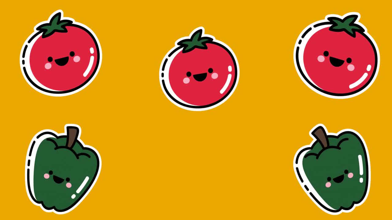 노란색 배경 위로 움직이는 웃는  ⁇ 은 토마토와 초록색 고추의 애니메이션
