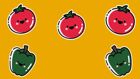 animation of smiling red tomatoes and green peppers moving upwards on yellow background