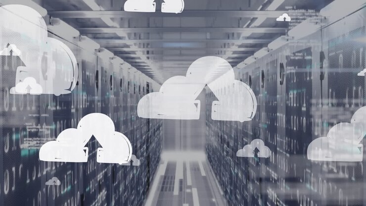 Animation of cloud upload icons floating over data processing and mosaic squares against server room