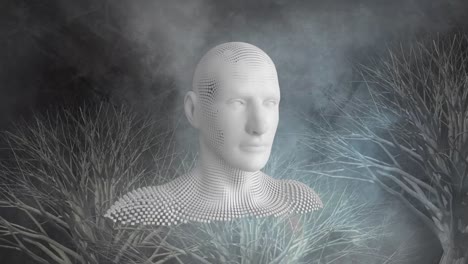 animation of digital human model over trees and clouds