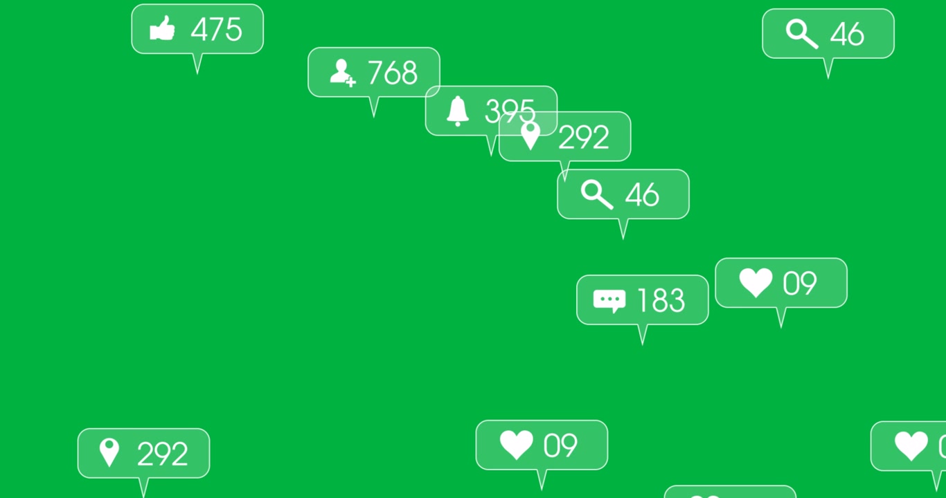 Icone di engagement per social media che fluttuano su green screen