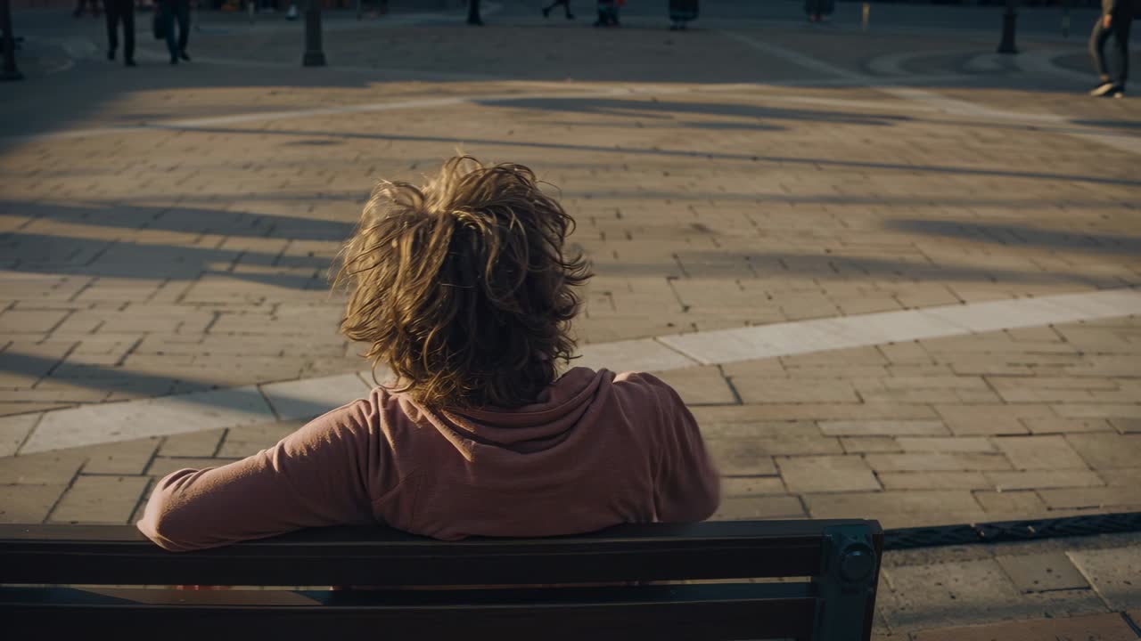 Shifting sunlight, man in pink hoodie leaning back on bench, draping arms while watching plaza