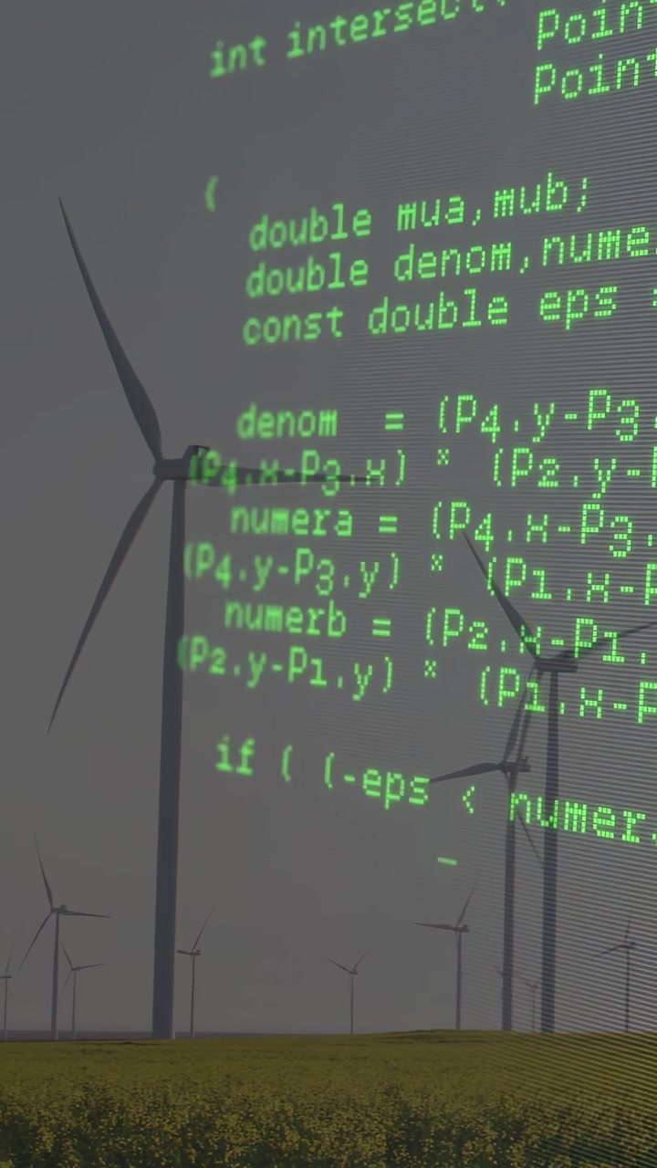 Video verticale: Colonna di codice che appare e scorre su un parco eolico, con turbine che ruotano, analizzando i dati.