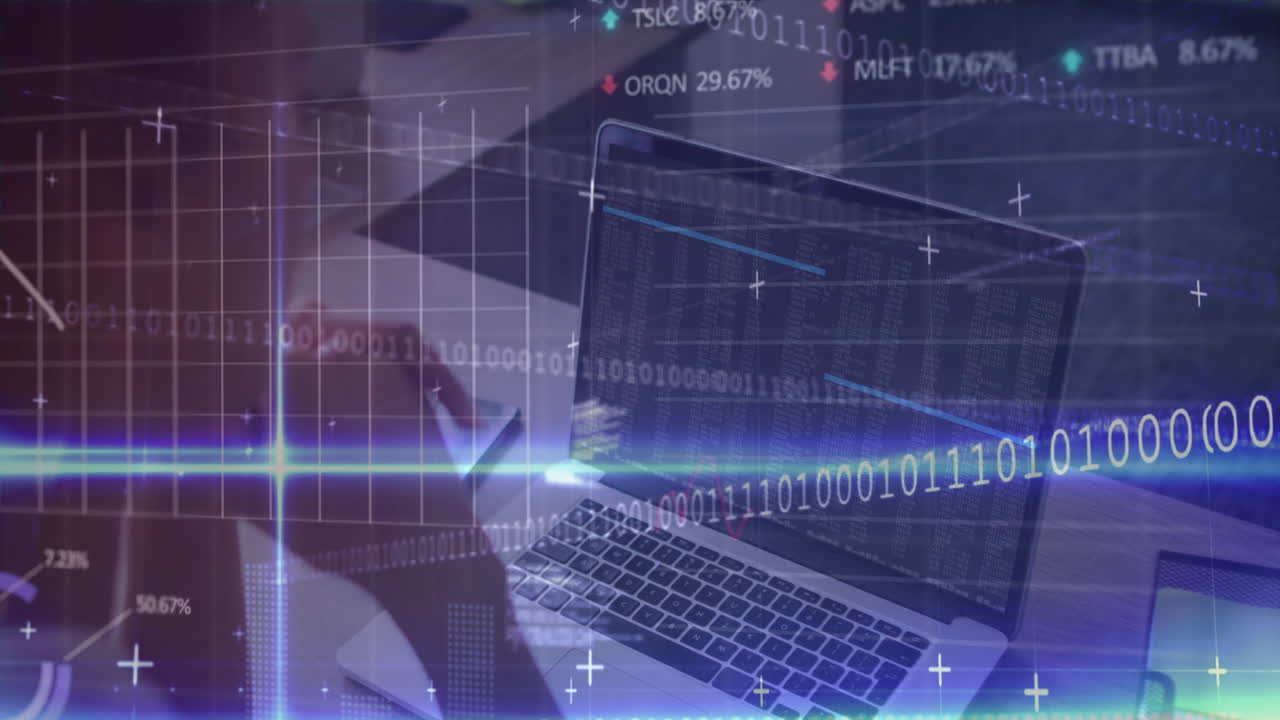 woman coder typing on laptop while holding smartphone, displaying binary charts and grid lines