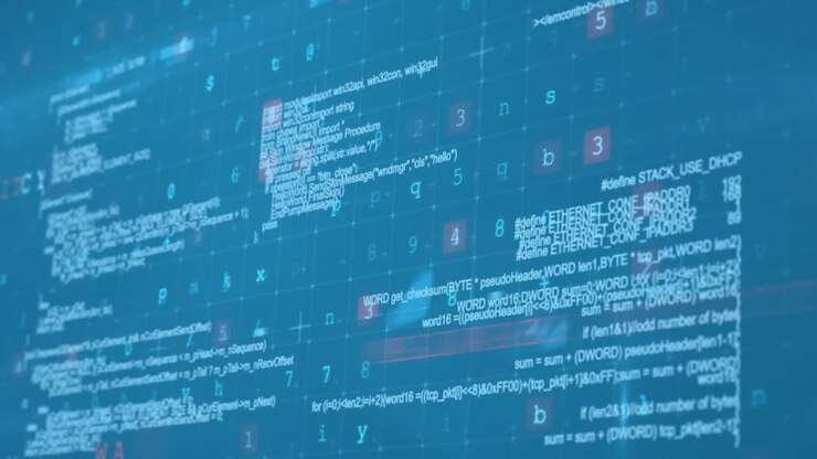 Animation of multiple texts, alphabets, numbers, symbol, programming language over blue background