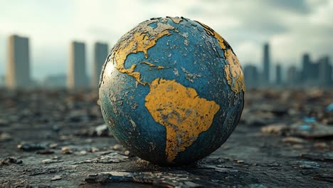 Earth globe in urban wasteland setting. A worn globe depicting the Americas stands in a desolate urban landscape, surrounded by hazy city buildings.